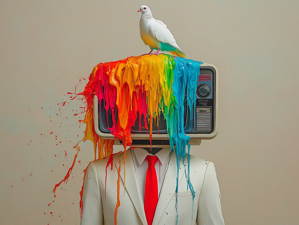 Luxury surreal TV-head canvas art print featuring a futuristic concept, bold colors, and high-end digital artistry, perfect for modern and eclectic interiors | StateofChic.Store | ADD TO CART