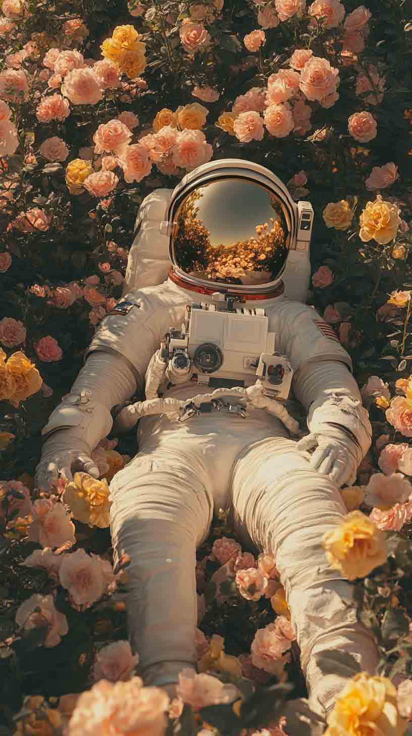 Surreal astronaut portrait with roses printed on canvas wall art