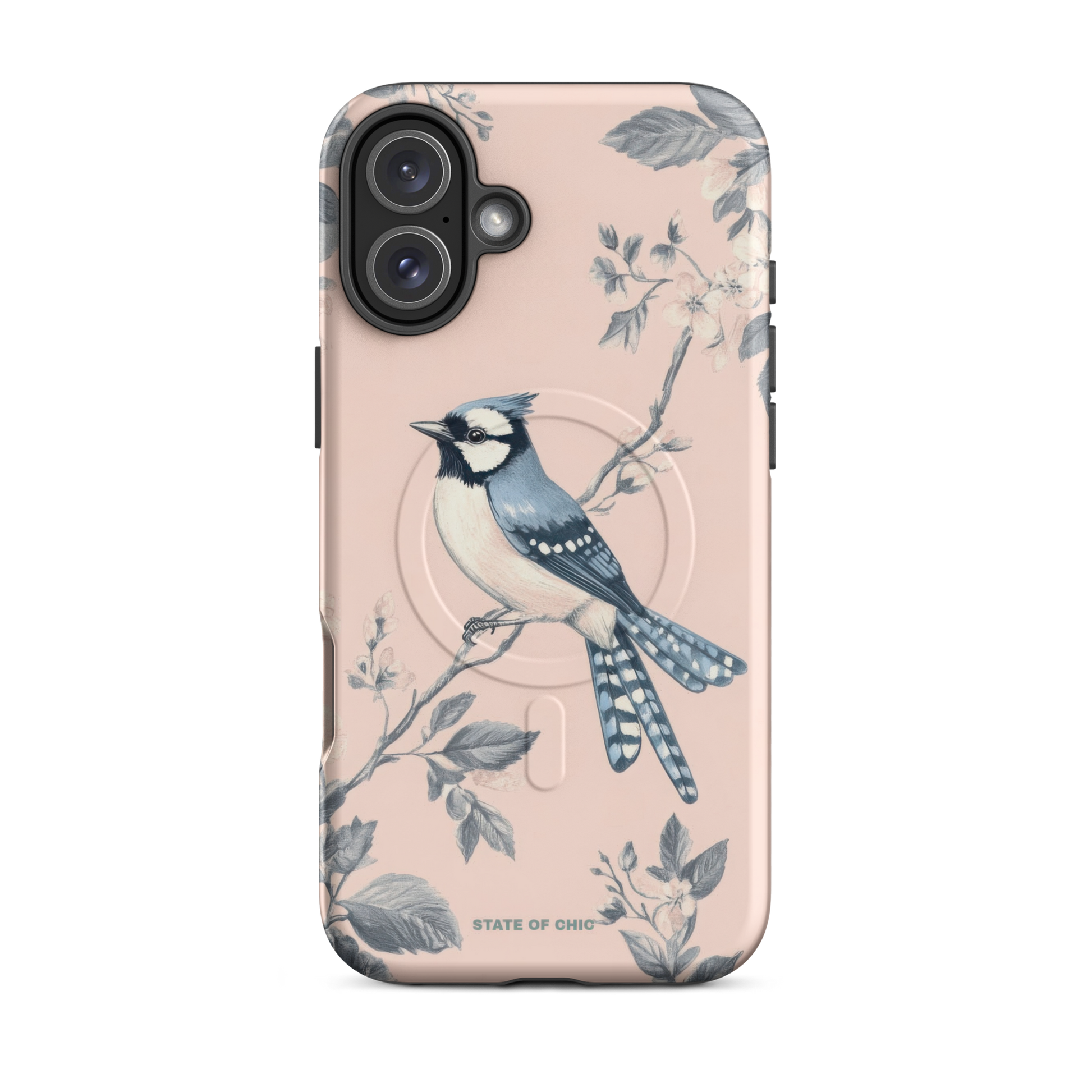BlueJay Bloom iPhone case featuring blue jay bird illustration with botanical background on pastel pink