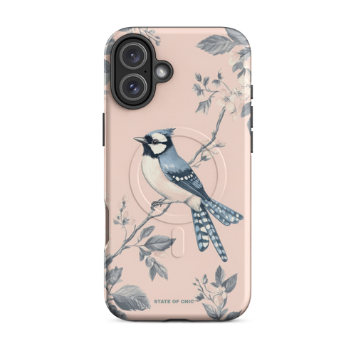 BlueJay Bloom iPhone case featuring blue jay bird illustration with botanical background on pastel pink