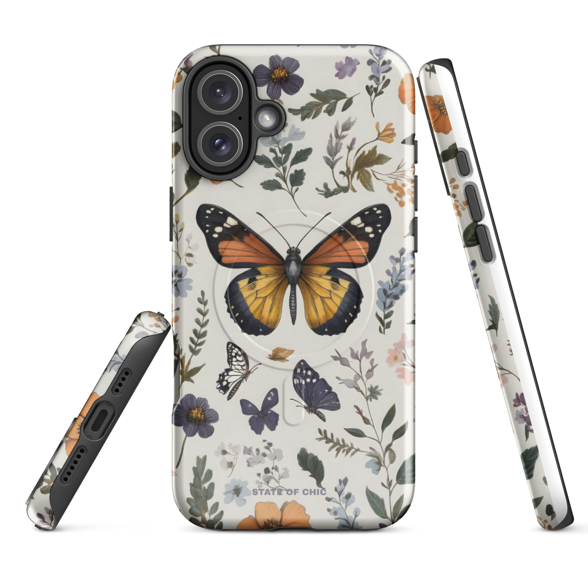 Elegant butterfly iPhone case with delicate linework, botanical accents, and a hand-drawn inspired aesthetic on a soft purple base.