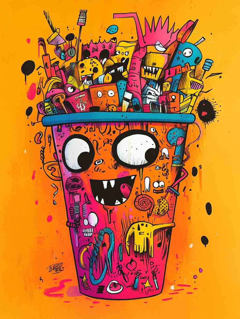 Vibrant doodle art of coffee mug in playful colors on canvas