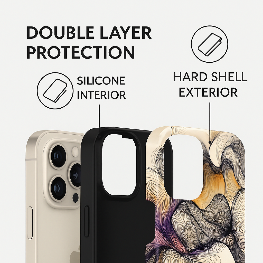 Exploded view of double-layer MagSafe iPhone case with silicone interior and hard shell exterior.
