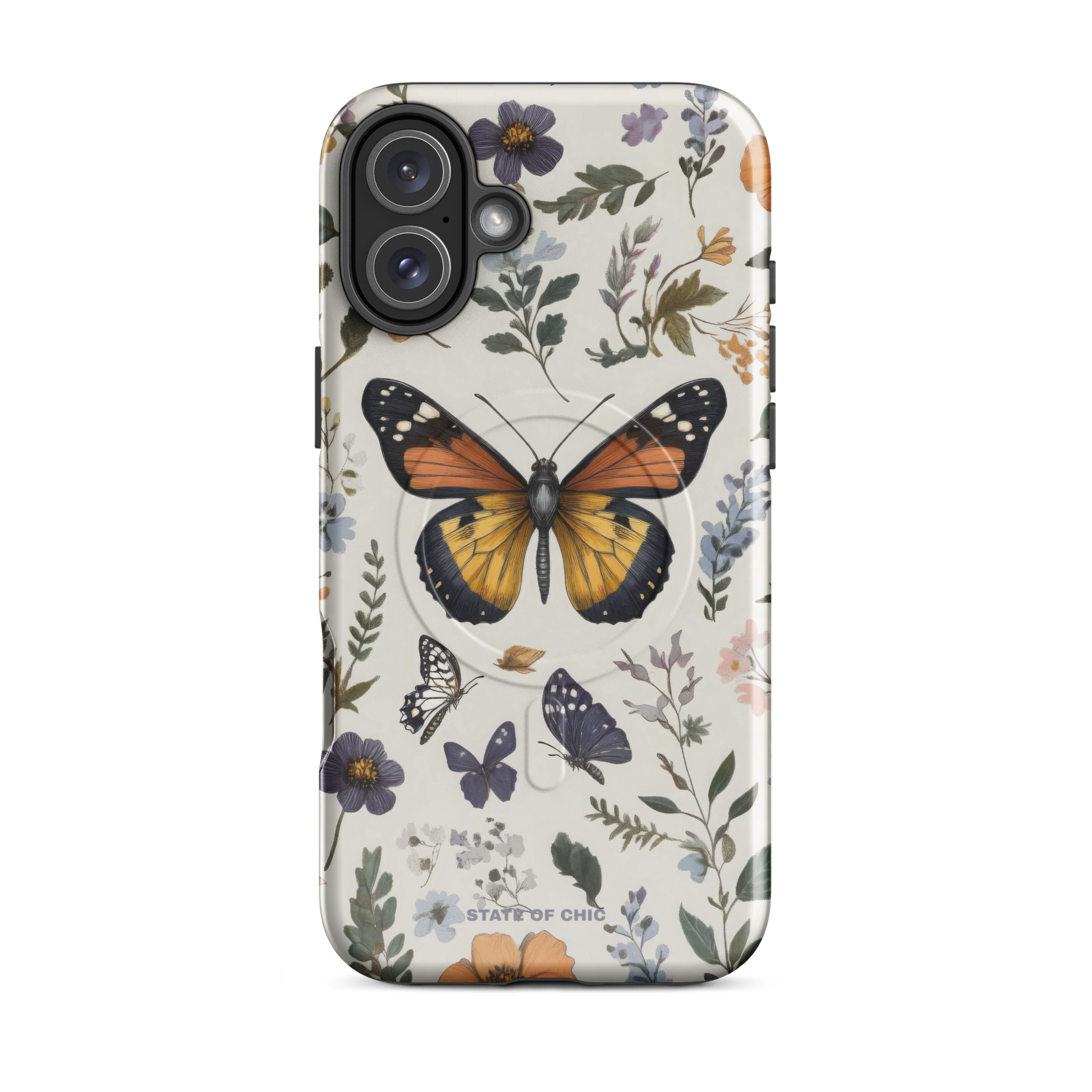 FlutterBloom Ultra MagSafe® iPhone case featuring a pastel purple background with a vintage-inspired butterfly and floral design.