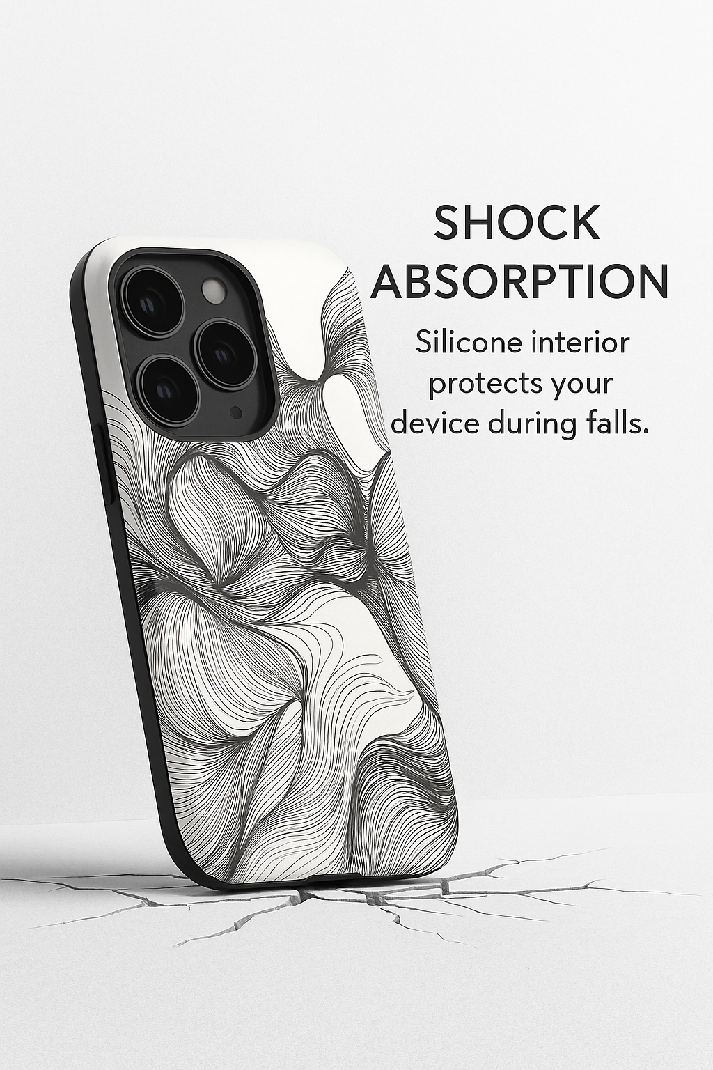 Black and white abstract swirl iPhone case showcasing shock absorption with cracked surface background.