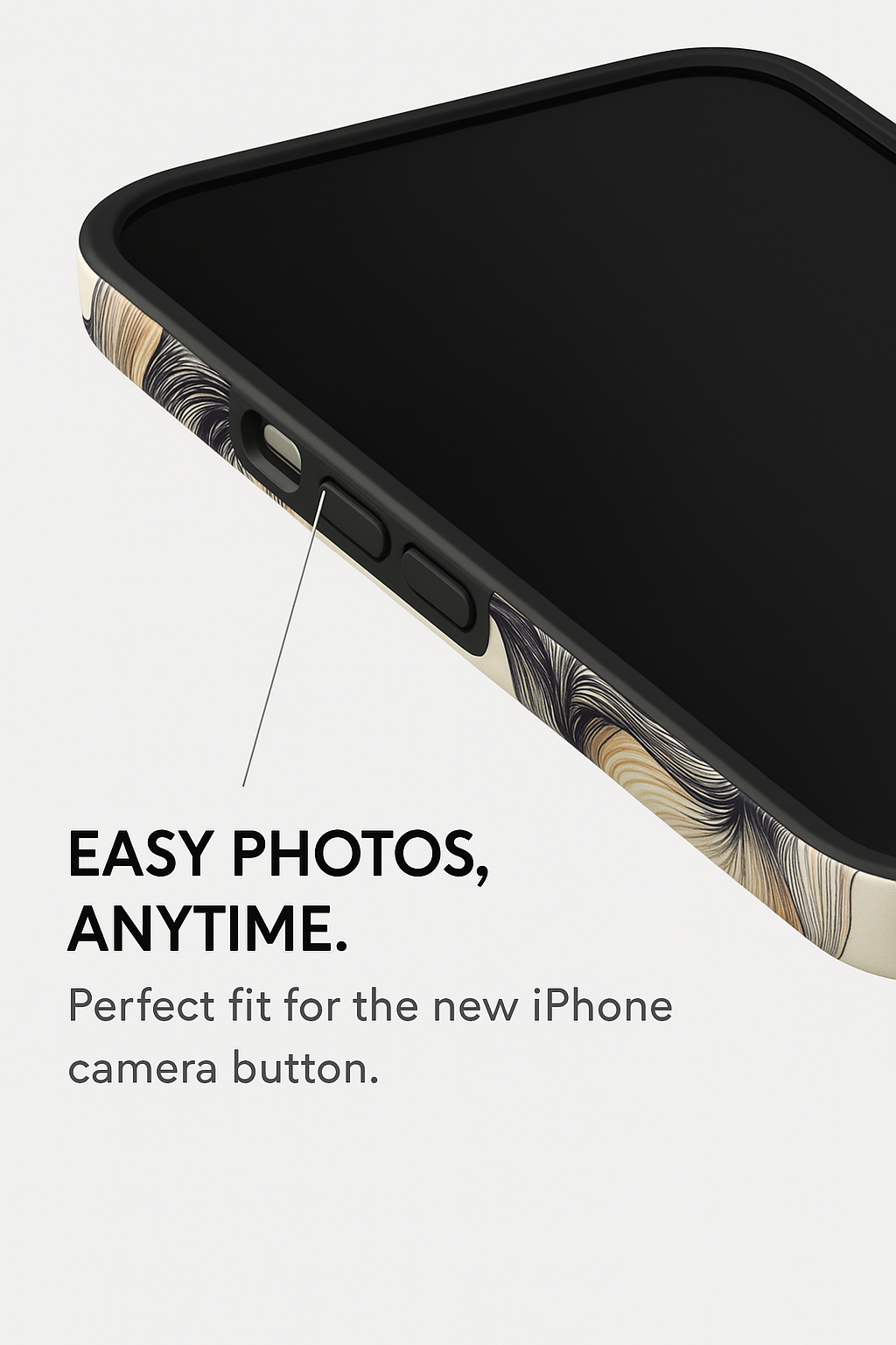 Close-up of iPhone MagSafe case showing precise camera button fit and edge detail.