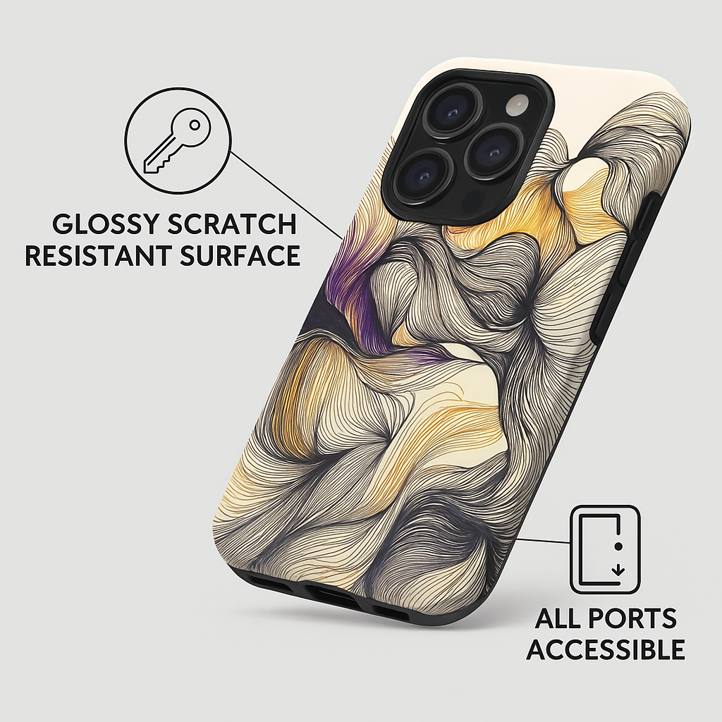 Color swirl MagSafe iPhone case with glossy, scratch-resistant surface and all port access labels.