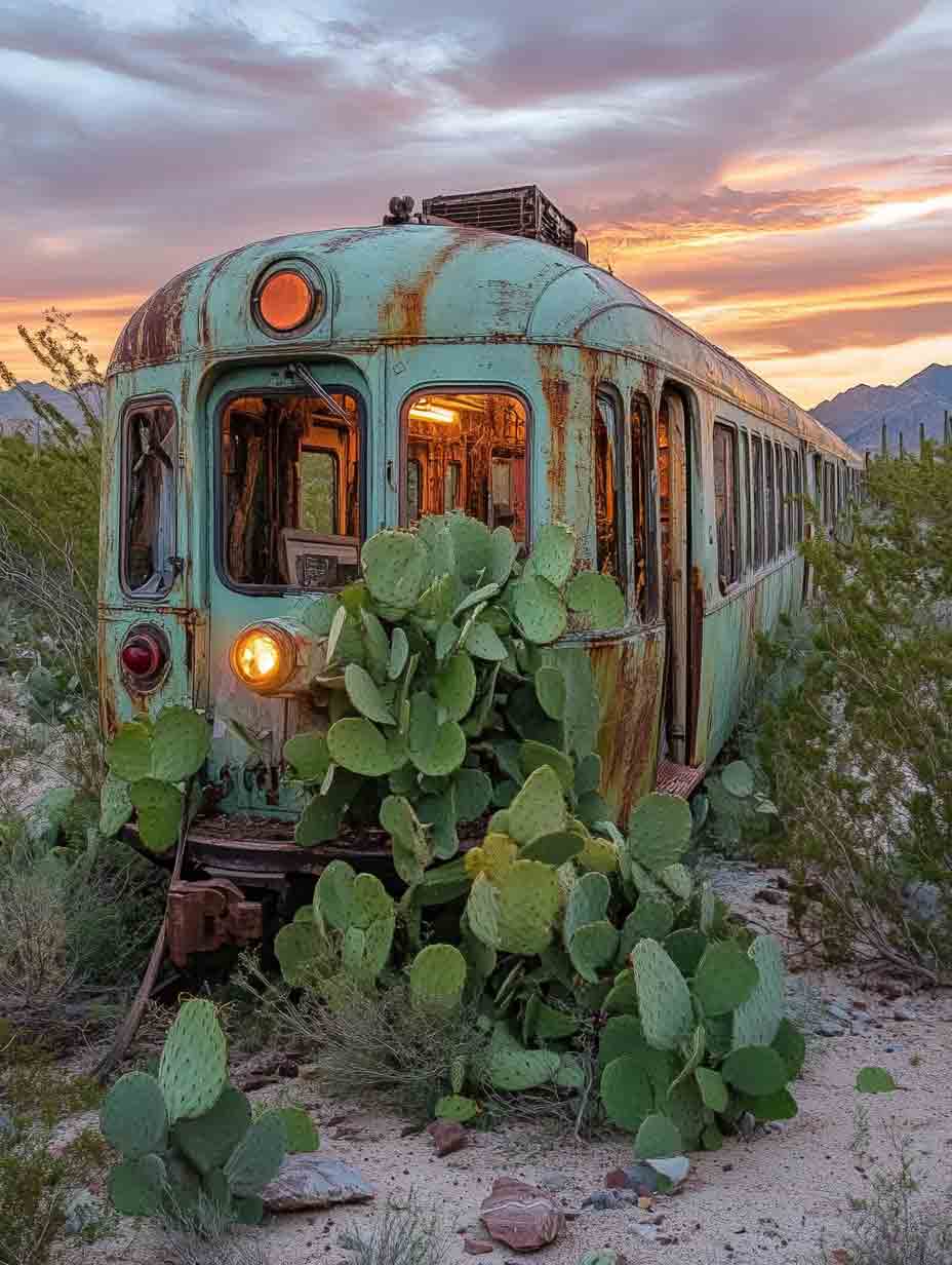 Canvas art of nature reclaiming an abandoned train car with lush plants