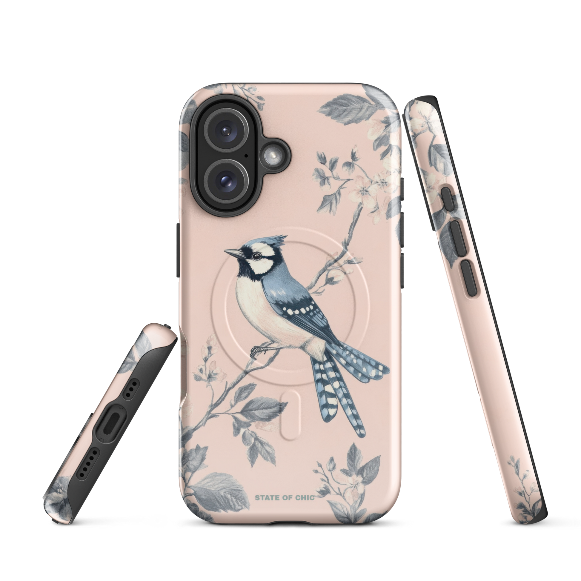 Digitally designed MagSafe iPhone case with vintage blue jay bird and floral artwork